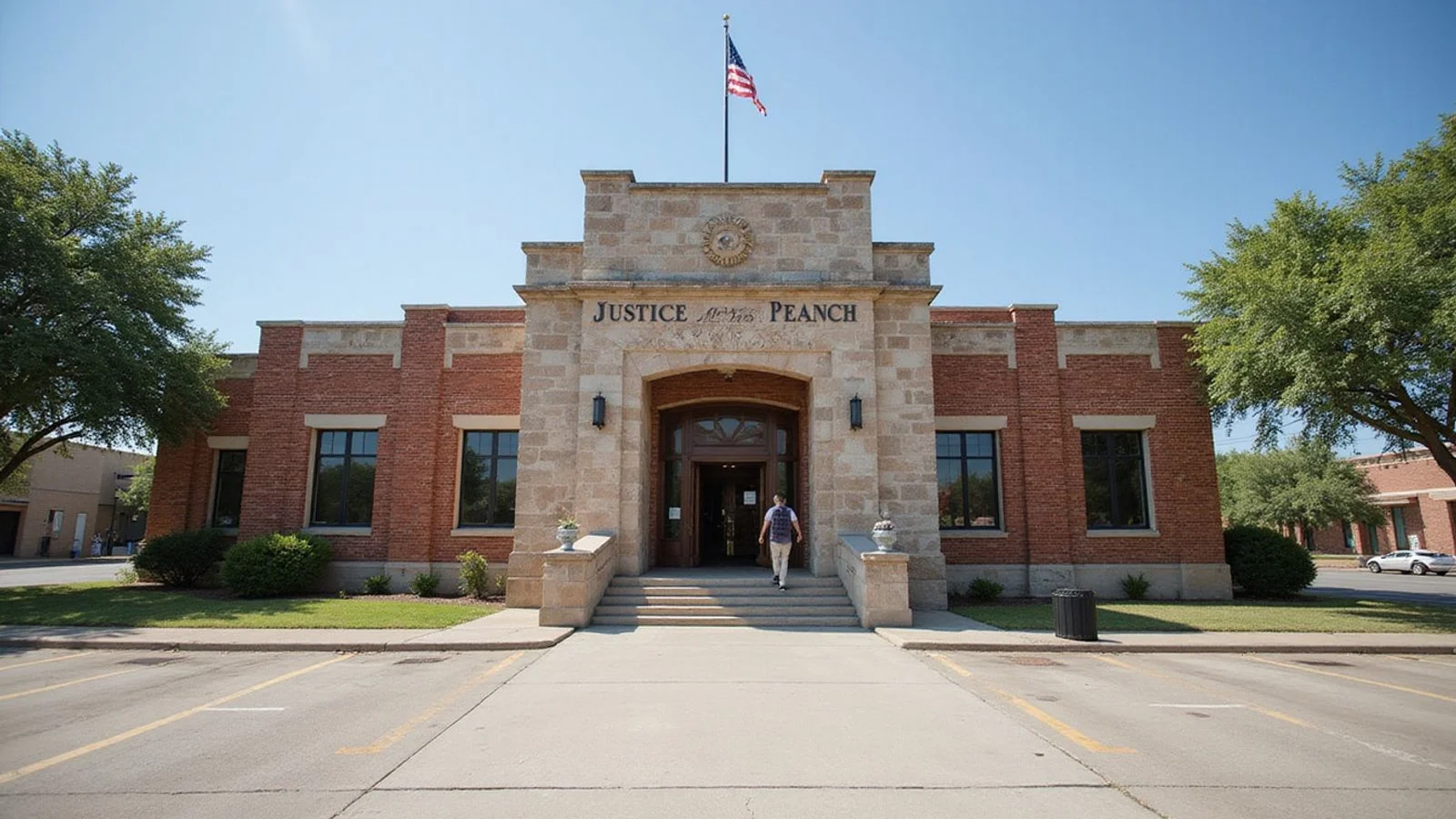 Exterior of a Texas Justice of the Peace courthouse, candid daylight