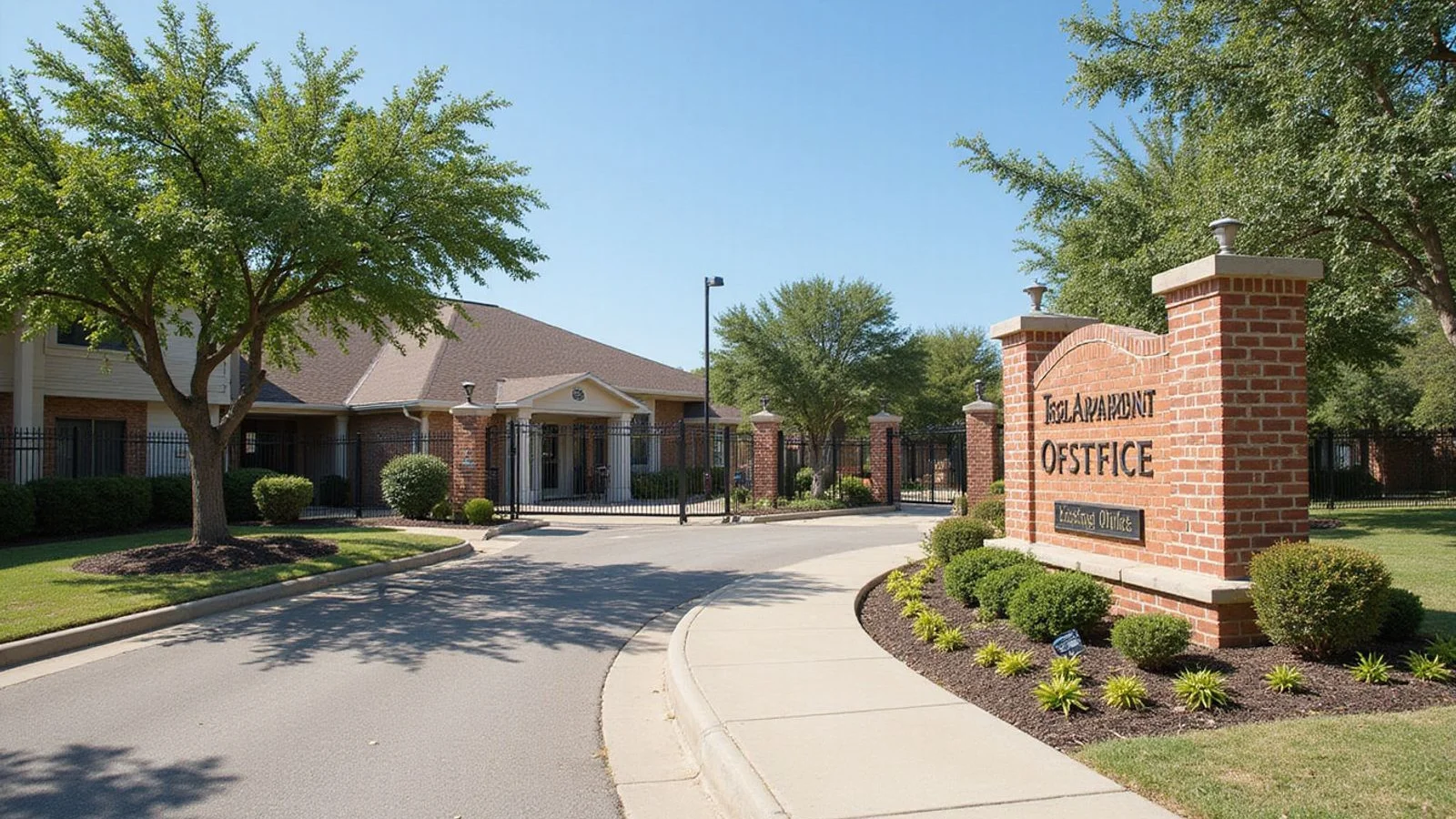Front entrance of a mid-size Texas apartment community, candid daylight
