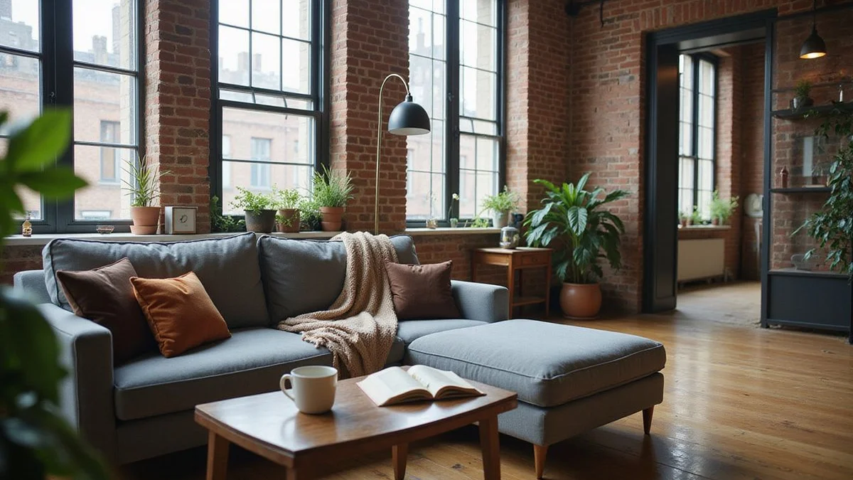 Interior of an upscale loft apartment with lived-in touches