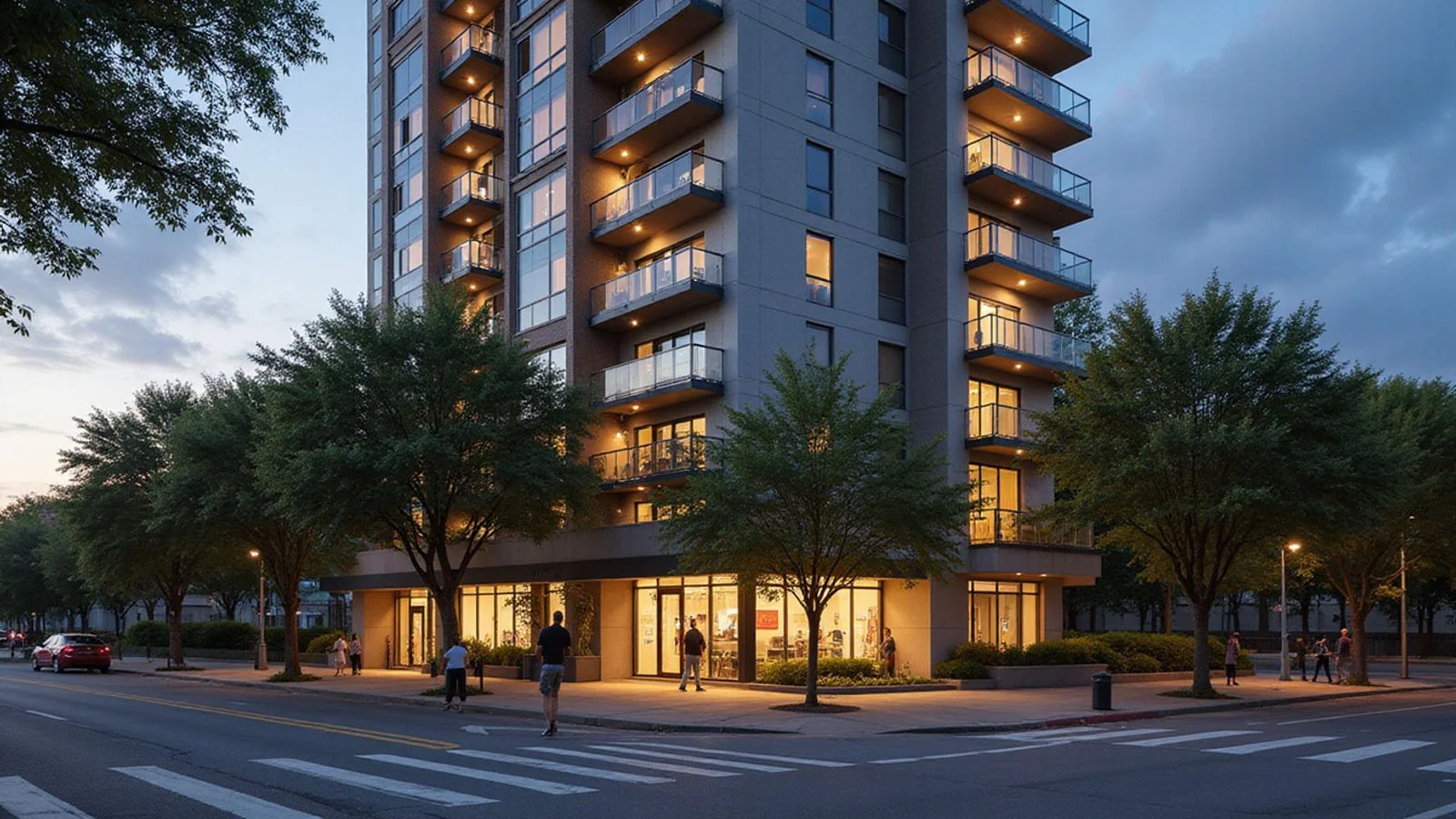 Modern Texas high-rise apartment exterior at golden hour, street-level