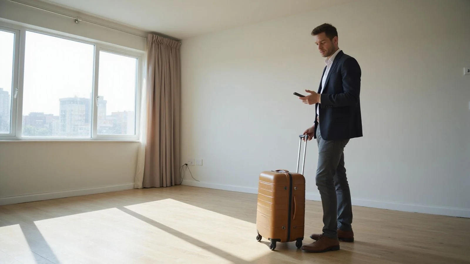 Newly arrived professional with luggage viewing an apartment
