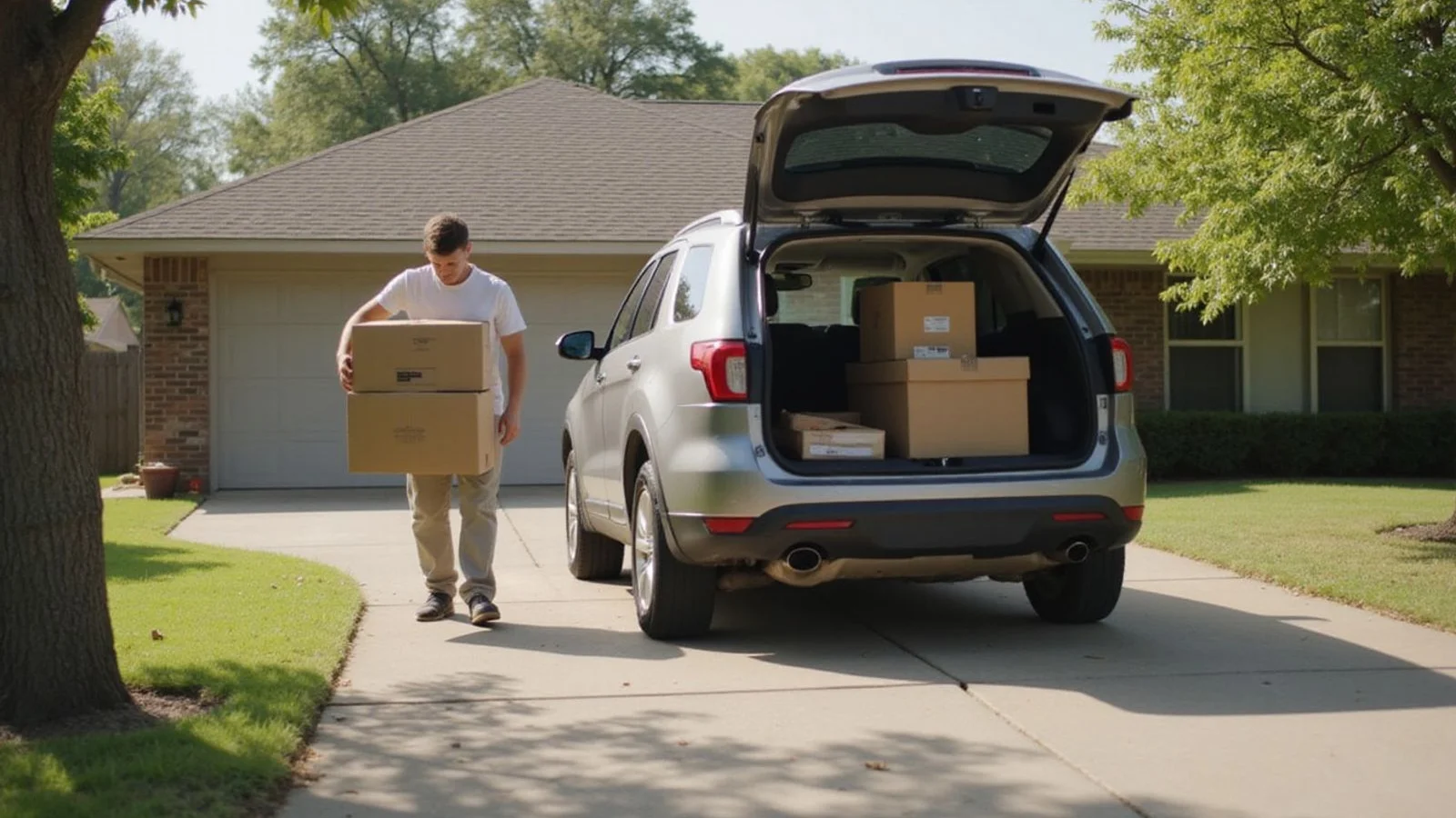 Person moving belongings from a house into a rental, candid daylight
