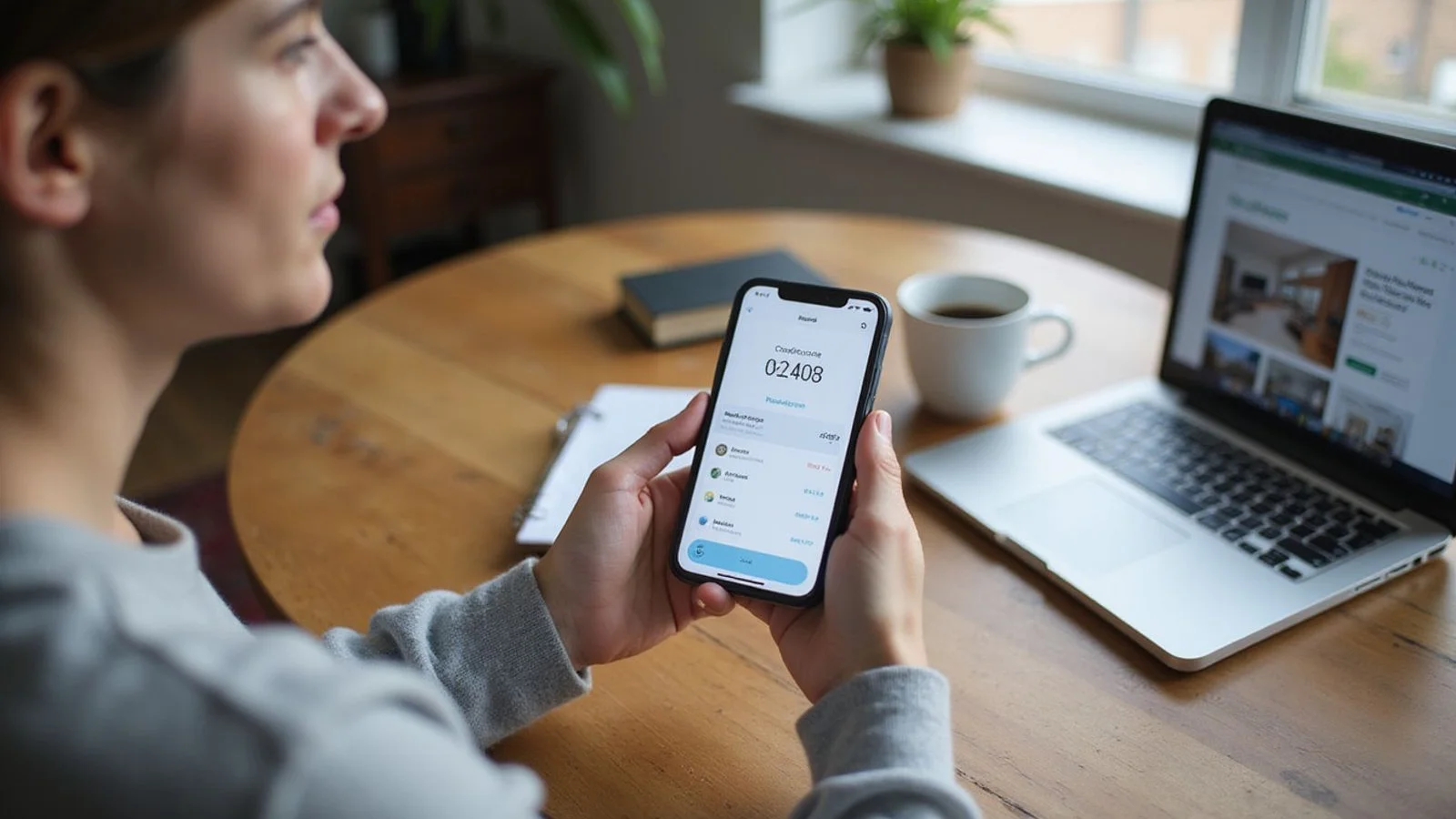 Renter checking a credit score on a phone app at a kitchen table