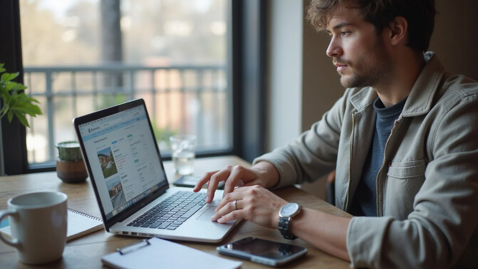 Renter comparing apartment listings on a laptop, natural daylight