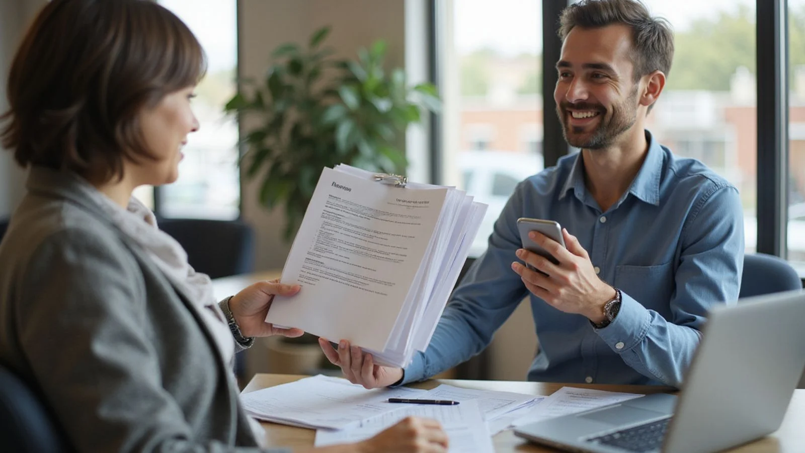Renter confidently handing documents to a leasing agent
