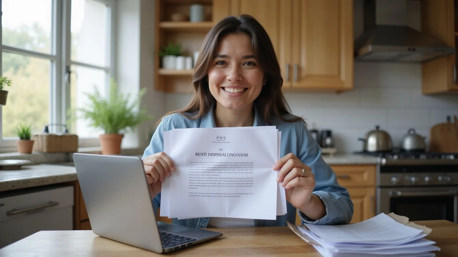 Renter holding a court document with relief on their face
