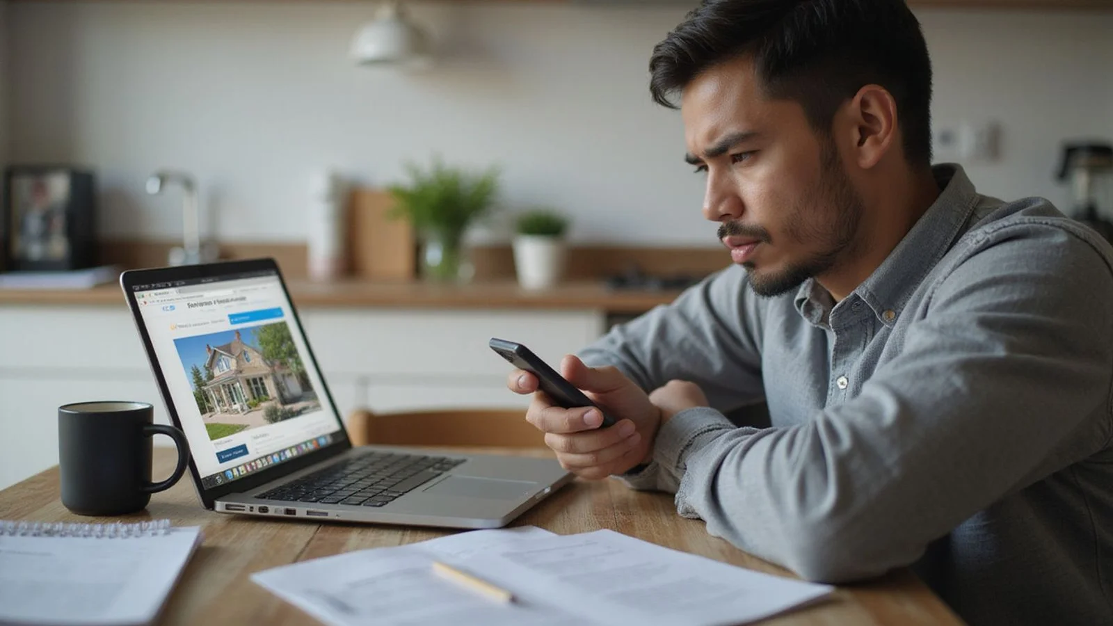 Renter looking concerned at a suspicious online rental offer on a phone