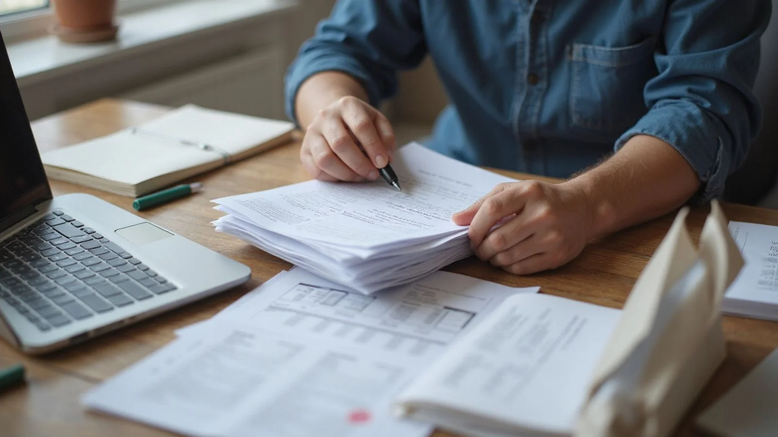 Renter organizing medical bills and paperwork at a desk