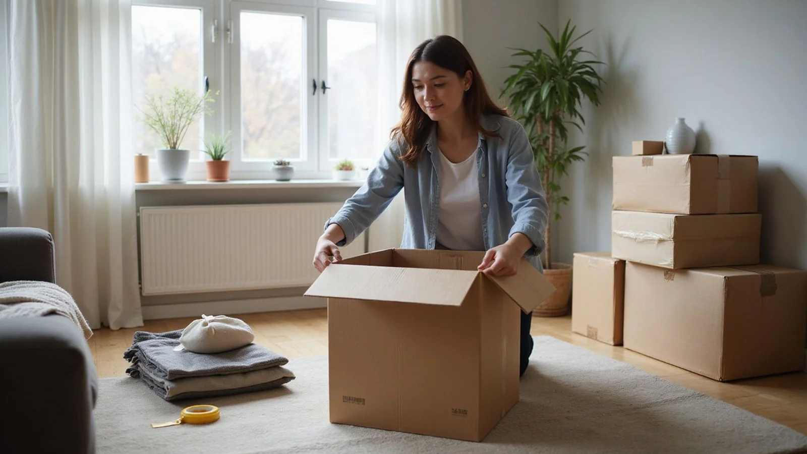 Renter packing a moving box quickly in a living room, candid daylight