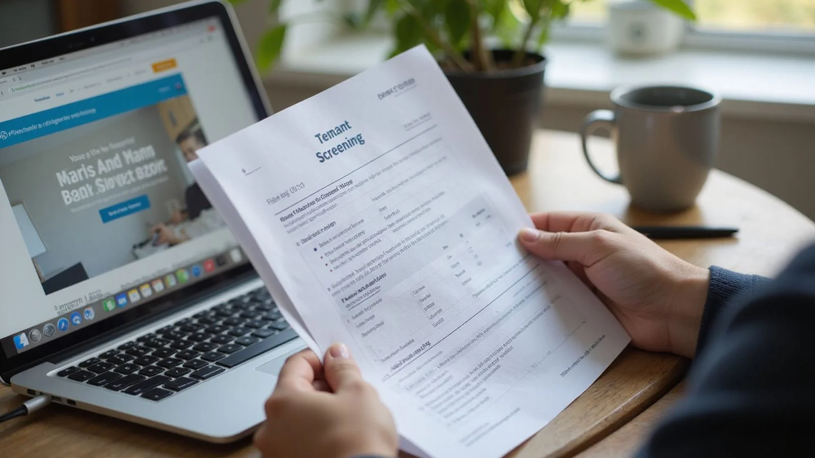 Renter reading a printed tenant screening report at a desk