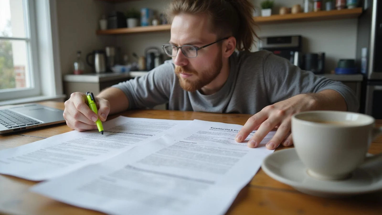 Renter reading eviction court paperwork at a table