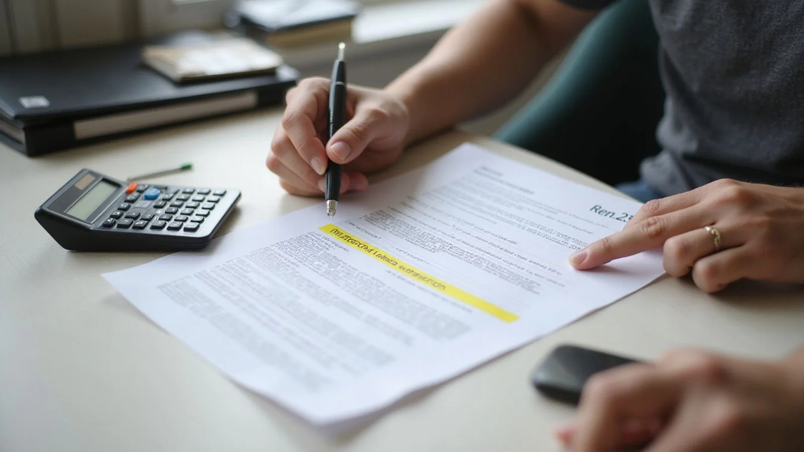 Renter reviewing a lease with a highlighted fee line at a leasing office