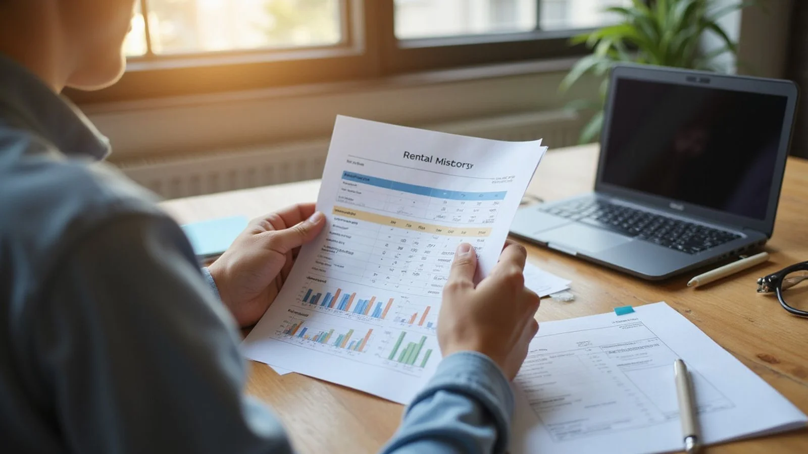 Renter reviewing a rental history report at home