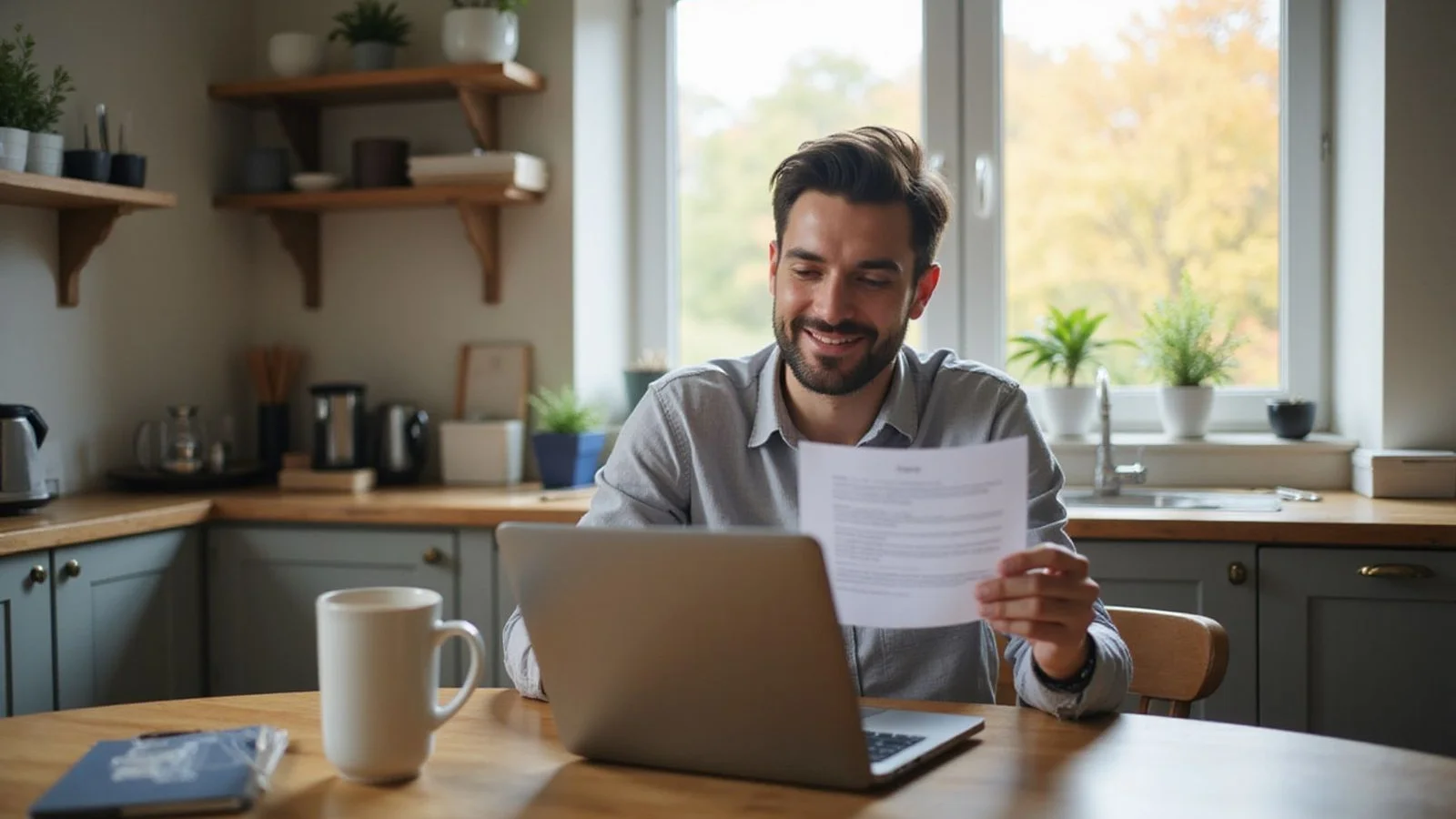 Renter reviewing an apartment approval letter at a kitchen table, warm daylight