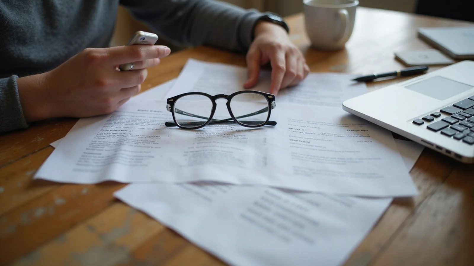 Renter reviewing legal paperwork at a kitchen table