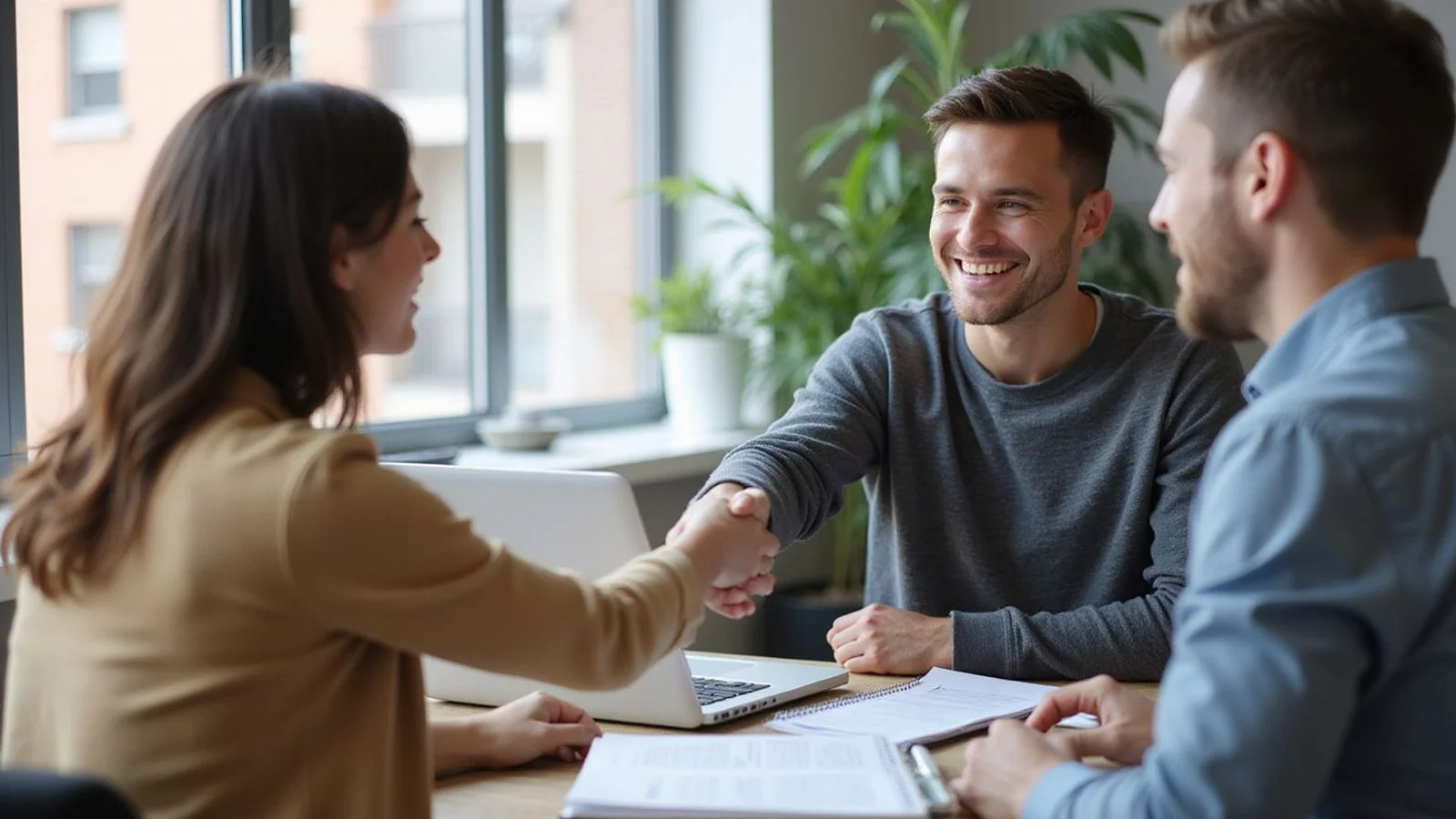 Renter shaking hands with an apartment locator in a casual office