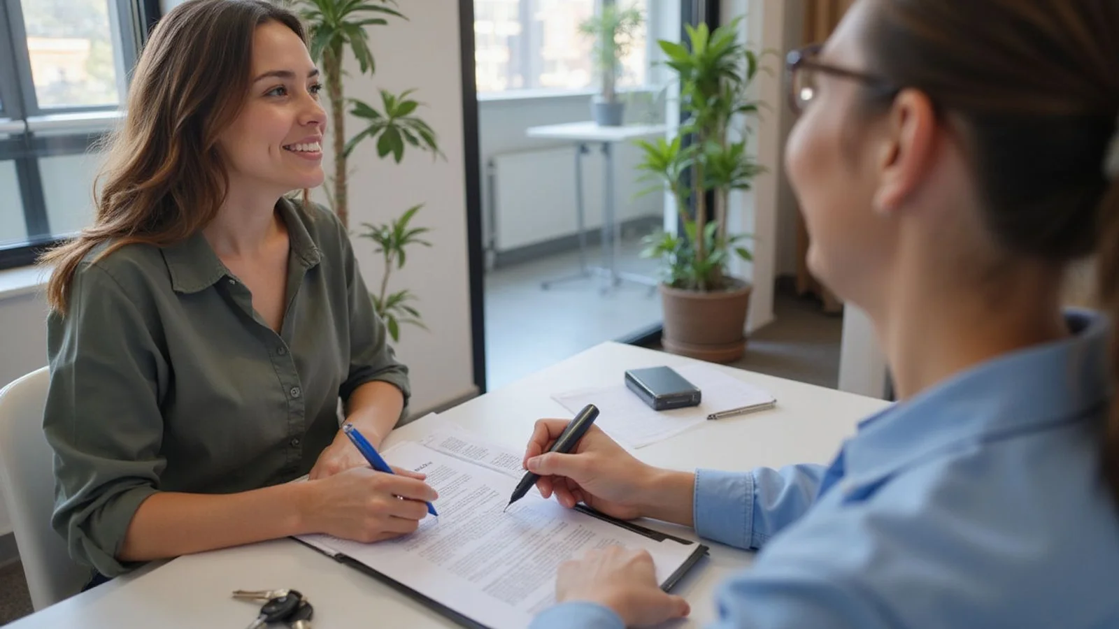 Renter signing a new lease at a leasing office, relieved