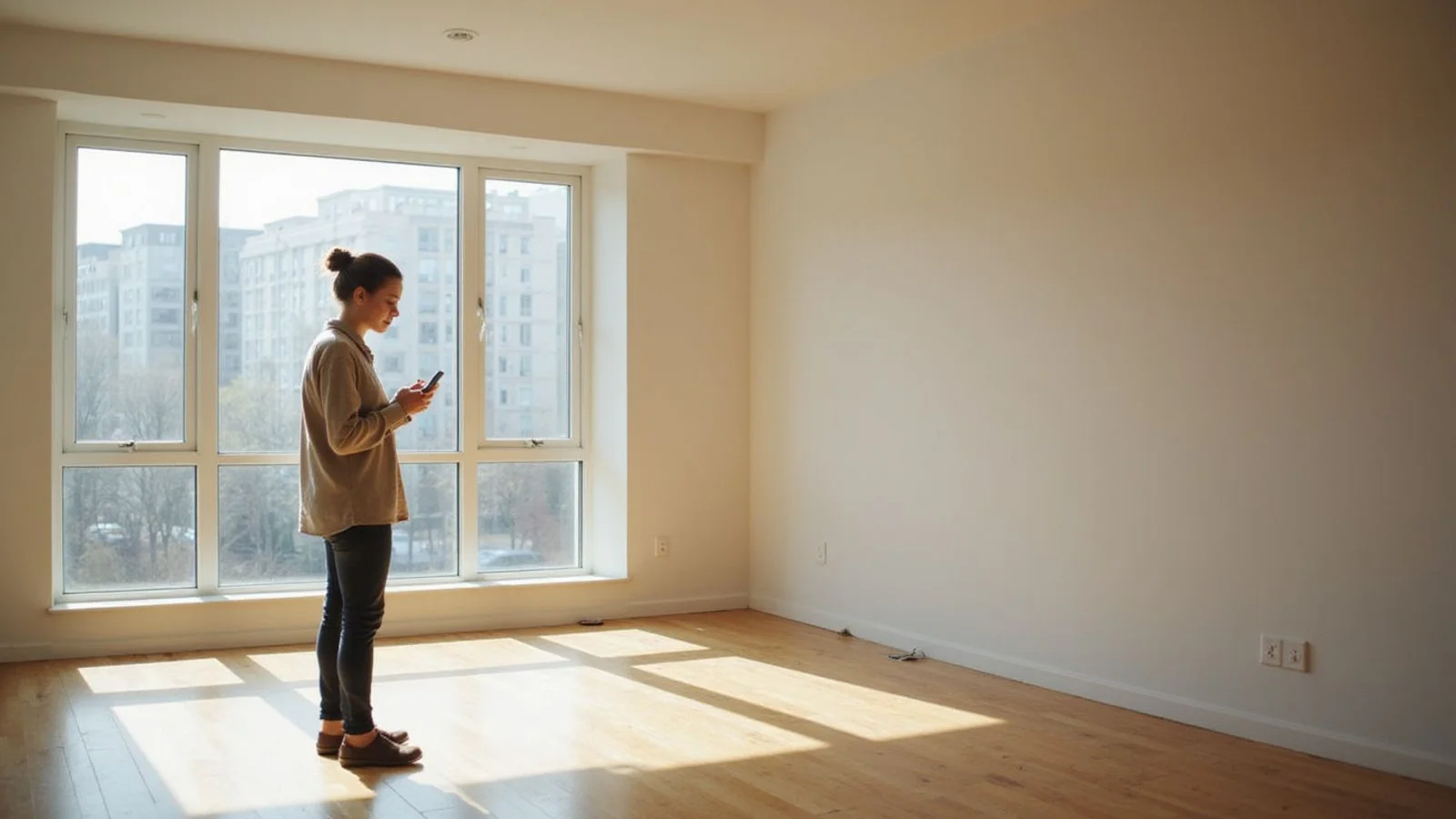 Young first-time renter touring an empty apartment